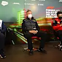 IMOLA, ITALY - APRIL 23: (L-R) Scuderia AlphaTauri Team Principal Franz Tost, Director of Pirelli F1 Mario Isola and Scuderia Ferrari Team Principal Mattia Binotto attend the Team Principals Press Conference prior to practice ahead of the F1 Grand Prix of Emilia Romagna at Autodromo Enzo e Dino Ferrari on April 23, 2022 in Imola, Italy. (Photo by Clive Mason/Getty Images)