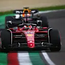 IMOLA, ITALY - APRIL 23: Charles Leclerc of Monaco driving (16) the Ferrari F1-75 leads Max Verstappen of the Netherlands driving the (1) Oracle Red Bull Racing RB18 on track during Sprint ahead of the F1 Grand Prix of Emilia Romagna at Autodromo Enzo e Dino Ferrari on April 23, 2022 in Imola, Italy. (Photo by Clive Mason/Getty Images)