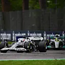 IMOLA, ITALY - APRIL 24: Pierre Gasly of France driving the (10) Scuderia AlphaTauri AT03 leads Lewis Hamilton of Great Britain driving the (44) Mercedes AMG Petronas F1 Team W13 during the F1 Grand Prix of Emilia Romagna at Autodromo Enzo e Dino Ferrari on April 24, 2022 in Imola, Italy. (Photo by Clive Mason/Getty Images)