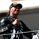 LE CASTELLET, FRANCE - JULY 24: Second placed Lewis Hamilton of Great Britain and Mercedes celebrates on the podium during the F1 Grand Prix of France at Circuit Paul Ricard on July 24, 2022 in Le Castellet, France. (Photo by Clive Rose/Getty Images)