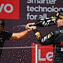 LE CASTELLET, FRANCE - JULY 24: Race winner Max Verstappen of the Netherlands and Oracle Red Bull Racing and Pierre Wache, Chief Engineer of Performance Engineering at Red Bull Racing celebrate on the podium during the F1 Grand Prix of France at Circuit Paul Ricard on July 24, 2022 in Le Castellet, France. (Photo by Dan Mullan/Getty Images)