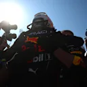 LE CASTELLET, FRANCE - JULY 24: Race winner Max Verstappen of the Netherlands and Oracle Red Bull Racing celebrates in parc ferme during the F1 Grand Prix of France at Circuit Paul Ricard on July 24, 2022 in Le Castellet, France. (Photo by Bryn Lennon - Formula 1/Formula 1 via Getty Images)