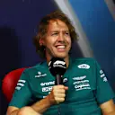LE CASTELLET, FRANCE - JULY 21: Sebastian Vettel of Germany and Aston Martin F1 Team talks in the Drivers Press Conference during previews ahead of the F1 Grand Prix of France at Circuit Paul Ricard on July 21, 2022 in Le Castellet, France. (Photo by Bryn Lennon/Getty Images)