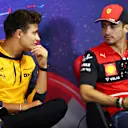 LE CASTELLET, FRANCE - JULY 21: Lando Norris of Great Britain and McLaren and Charles Leclerc of Monaco and Ferrari talk in the Drivers Press Conference during previews ahead of the F1 Grand Prix of France at Circuit Paul Ricard on July 21, 2022 in Le Castellet, France. (Photo by Bryn Lennon/Getty Images)