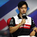 LE CASTELLET, FRANCE - JULY 21: Zhou Guanyu of China and Alfa Romeo F1 talks in the Drivers Press Conference during previews ahead of the F1 Grand Prix of France at Circuit Paul Ricard on July 21, 2022 in Le Castellet, France. (Photo by Bryn Lennon/Getty Images)