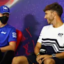 LE CASTELLET, FRANCE - JULY 21: Pierre Gasly of France and Scuderia AlphaTauri and Mick Schumacher of Germany and Haas F1 talk in the Drivers Press Conference during previews ahead of the F1 Grand Prix of France at Circuit Paul Ricard on July 21, 2022 in Le Castellet, France. (Photo by Bryn Lennon/Getty Images)