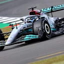 NORTHAMPTON, ENGLAND - JULY 01: George Russell of Great Britain driving the (63) Mercedes AMG Petronas F1 Team W13 on track during practice ahead of the F1 Grand Prix of Great Britain at Silverstone on July 01, 2022 in Northampton, England. (Photo by Mark Thompson/Getty Images)