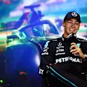 BUDAPEST, HUNGARY - JULY 30: Pole position qualifier George Russell of Great Britain and Mercedes attends the press conference after qualifying ahead of the F1 Grand Prix of Hungary at Hungaroring on July 30, 2022 in Budapest, Hungary. (Photo by Dan Istitene/Getty Images)