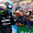 BUDAPEST, HUNGARY - JULY 31: 2pm Lewis Hamilton of Great Britain and Mercedes and Third placed George Russell of Great Britain and Mercedes celebrate in parc ferme during the F1 Grand Prix of Hungary at Hungaroring on July 31, 2022 in Budapest, Hungary. (Photo by Dan Istitene - Formula 1/Formula 1 via Getty Images)