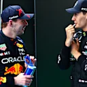 BUDAPEST, HUNGARY - JULY 31: Race winner Max Verstappen of the Netherlands and Oracle Red Bull Racing talks with Third placed George Russell of Great Britain and Mercedes in parc ferme during the F1 Grand Prix of Hungary at Hungaroring on July 31, 2022 in Budapest, Hungary. (Photo by Dan Istitene - Formula 1/Formula 1 via Getty Images)