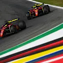 MONZA, ITALY - SEPTEMBER 10: Charles Leclerc of Monaco driving the (16) Ferrari F1-75 leads Carlos Sainz of Spain driving (55) the Ferrari F1-75 during qualifying ahead of the F1 Grand Prix of Italy at Autodromo Nazionale Monza on September 10, 2022 in Monza, Italy. (Photo by Dan Mullan/Getty Images)