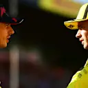 MONZA, ITALY - SEPTEMBER 10: Pole position qualifier Charles Leclerc of Monaco and Ferrari talks with second placed qualifier Max Verstappen of the Netherlands and Oracle Red Bull Racing in parc ferme after qualifying ahead of the F1 Grand Prix of Italy at Autodromo Nazionale Monza on September 10, 2022 in Monza, Italy. (Photo by Mario Renzi - Formula 1/Formula 1 via Getty Images)