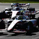 MONZA, ITALY - SEPTEMBER 11: Mick Schumacher of Germany driving the (47) Haas F1 VF-22 Ferrari leads Kevin Magnussen of Denmark driving the (20) Haas F1 VF-22 Ferrari during the F1 Grand Prix of Italy at Autodromo Nazionale Monza on September 11, 2022 in Monza, Italy. (Photo by Mark Thompson/Getty Images)