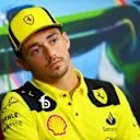 MONZA, ITALY - SEPTEMBER 08: Charles Leclerc of Monaco and Ferrari talks in the drivers press conferenc during previews ahead of the F1 Grand Prix of Italy at Autodromo Nazionale Monza on September 08, 2022 in Monza, Italy. (Photo by Dan Mullan/Getty Images)