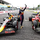 SUZUKA, JAPAN - OCTOBER 08: Pole position qualifier Max Verstappen of the Netherlands and Oracle Red Bull Racing celebrates in parc ferme during qualifying ahead of the F1 Grand Prix of Japan at Suzuka International Racing Course on October 08, 2022 in Suzuka, Japan. (Photo by Dan Istitene - Formula 1/Formula 1 via Getty Images)