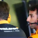 MEXICO CITY, MEXICO - OCTOBER 28: Daniel Ricciardo of Australia and McLaren talks with an engineer in the garage during practice ahead of the F1 Grand Prix of Mexico at Autodromo Hermanos Rodriguez on October 28, 2022 in Mexico City, Mexico. (Photo by Dan Istitene - Formula 1/Formula 1 via Getty Images)