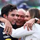 MEXICO CITY, MEXICO - OCTOBER 30: Third placed Sergio Perez of Mexico and Oracle Red Bull Racing celebrates with his father Antonio Perez Garibay and sister Paola Perez during the F1 Grand Prix of Mexico at Autodromo Hermanos Rodriguez on October 30, 2022 in Mexico City, Mexico. (Photo by Clive Mason - Formula 1/Formula 1 via Getty Images)