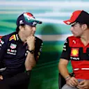 MEXICO CITY, MEXICO - OCTOBER 27: Sergio Perez of Mexico and Oracle Red Bull Racing and Charles Leclerc of Monaco and Ferrari attend the Drivers Press Conference during previews ahead of the F1 Grand Prix of Mexico at Autodromo Hermanos Rodriguez on October 27, 2022 in Mexico City, Mexico. (Photo by Jared C. Tilton/Getty Images)