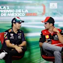 MEXICO CITY, MEXICO - OCTOBER 27: Sergio Perez of Mexico and Oracle Red Bull Racing and Charles Leclerc of Monaco and Ferrari attend the Drivers Press Conference during previews ahead of the F1 Grand Prix of Mexico at Autodromo Hermanos Rodriguez on October 27, 2022 in Mexico City, Mexico. (Photo by Jared C. Tilton/Getty Images)