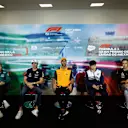 MEXICO CITY, MEXICO - OCTOBER 27: (L-R) Sebastian Vettel of Germany and Aston Martin F1 Team, Nicholas Latifi of Canada and Williams, Daniel Ricciardo of Australia and McLaren, Yuki Tsunoda of Japan and Scuderia AlphaTauri and George Russell of Great Britain and Mercedes attend the Drivers Press Conference during previews ahead of the F1 Grand Prix of Mexico at Autodromo Hermanos Rodriguez on October 27, 2022 in Mexico City, Mexico. (Photo by Jared C. Tilton/Getty Images)