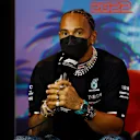 MIAMI, FLORIDA - MAY 06: Lewis Hamilton of Great Britain and Mercedes talks in the Drivers Press Conference prior to practice ahead of the F1 Grand Prix of Miami at the Miami International Autodrome on May 06, 2022 in Miami, Florida. (Photo by Jared C. Tilton/Getty Images)