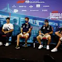 MIAMI, FLORIDA - MAY 06: (L-R) Lewis Hamilton of Great Britain and Mercedes, Pierre Gasly of France and Scuderia AlphaTauri, Alexander Albon of Thailand and Williams, Sergio Perez of Mexico and Oracle Red Bull Racing and Lance Stroll of Canada and Aston Martin F1 Team attend the Drivers Press Conference prior to practice ahead of the F1 Grand Prix of Miami at the Miami International Autodrome on May 06, 2022 in Miami, Florida. (Photo by Jared C. Tilton/Getty Images)
