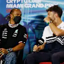 MIAMI, FLORIDA - MAY 06: Lewis Hamilton of Great Britain and Mercedes and Pierre Gasly of France and Scuderia AlphaTauri talk in the Drivers Press Conference prior to practice ahead of the F1 Grand Prix of Miami at the Miami International Autodrome on May 06, 2022 in Miami, Florida. (Photo by Jared C. Tilton/Getty Images)