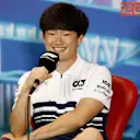 MIAMI, FLORIDA - MAY 06: Yuki Tsunoda of Japan and Scuderia AlphaTauri talks in the Drivers Press Conference prior to practice ahead of the F1 Grand Prix of Miami at the Miami International Autodrome on May 06, 2022 in Miami, Florida. (Photo by Jared C. Tilton/Getty Images)