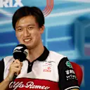 MIAMI, FLORIDA - MAY 06: Zhou Guanyu of China and Alfa Romeo F1 talks in the Drivers Press Conference prior to practice ahead of the F1 Grand Prix of Miami at the Miami International Autodrome on May 06, 2022 in Miami, Florida. (Photo by Jared C. Tilton/Getty Images)
