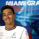MIAMI, FLORIDA - MAY 06: George Russell of Great Britain and Mercedes talks in the Drivers Press Conference prior to practice ahead of the F1 Grand Prix of Miami at the Miami International Autodrome on May 06, 2022 in Miami, Florida. (Photo by Jared C. Tilton/Getty Images)
