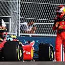 MIAMI, FLORIDA - MAY 06: Carlos Sainz of Spain and Ferrari walks away from his car after crashing during practice ahead of the F1 Grand Prix of Miami at the Miami International Autodrome on May 06, 2022 in Miami, Florida. (Photo by Mark Thompson/Getty Images)