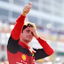 MIAMI, FLORIDA - MAY 07: Pole position qualifier Charles Leclerc of Monaco and Ferrari celebrates in parc ferme during qualifying ahead of the F1 Grand Prix of Miami at the Miami International Autodrome on May 07, 2022 in Miami, Florida. (Photo by Dan Istitene - Formula 1/Formula 1 via Getty Images)