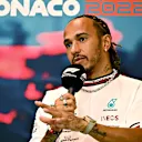MONTE-CARLO, MONACO - MAY 27: Lewis Hamilton of Great Britain and Mercedes talks in the Drivers Press Conference prior to practice ahead of the F1 Grand Prix of Monaco at Circuit de Monaco on May 27, 2022 in Monte-Carlo, Monaco. (Photo by Clive Mason/Getty Images)