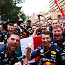 MONTE-CARLO, MONACO - MAY 29: Race winner Sergio Perez of Mexico and Oracle Red Bull Racing celebrates with his team after the F1 Grand Prix of Monaco at Circuit de Monaco on May 29, 2022 in Monte-Carlo, Monaco. (Photo by Mark Thompson/Getty Images)