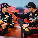 MONTE-CARLO, MONACO - MAY 29: Race winner Sergio Perez of Mexico and Oracle Red Bull Racing and Third placed Max Verstappen of the Netherlands and Oracle Red Bull Racing talk in the press conference after the F1 Grand Prix of Monaco at Circuit de Monaco on May 29, 2022 in Monte-Carlo, Monaco. (Photo by Clive Mason/Getty Images)