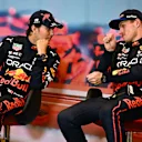MONTE-CARLO, MONACO - MAY 29: Race winner Sergio Perez of Mexico and Oracle Red Bull Racing and Third placed Max Verstappen of the Netherlands and Oracle Red Bull Racing talk in the press conference after the F1 Grand Prix of Monaco at Circuit de Monaco on May 29, 2022 in Monte-Carlo, Monaco. (Photo by Clive Mason/Getty Images)