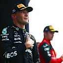 ZANDVOORT, NETHERLANDS - SEPTEMBER 04: Second placed George Russell of Great Britain and Mercedes celebrates on the podium during the F1 Grand Prix of The Netherlands at Circuit Zandvoort on September 04, 2022 in Zandvoort, Netherlands. (Photo by Dan Istitene - Formula 1/Formula 1 via Getty Images)