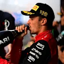 ZANDVOORT, NETHERLANDS - SEPTEMBER 04: Third placed Charles Leclerc of Monaco and Ferrari celebrates on the podium during the F1 Grand Prix of The Netherlands at Circuit Zandvoort on September 04, 2022 in Zandvoort, Netherlands. (Photo by Mario Renzi - Formula 1/Formula 1 via Getty Images)