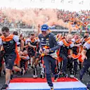 ZANDVOORT, NETHERLANDS - SEPTEMBER 04: Max Verstappen of Red Bull Racing and The Netherlands celebrates with the team after finishing in first position during the F1 Grand Prix of The Netherlands at Circuit Zandvoort on September 04, 2022 in Zandvoort, Netherlands. (Photo by Peter Fox/Getty Images)