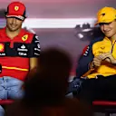 ZANDVOORT, NETHERLANDS - SEPTEMBER 01: Carlos Sainz of Spain and Ferrari and Lando Norris of Great Britain and McLaren attend the Drivers Press Conference during previews ahead of the F1 Grand Prix of The Netherlands at Circuit Zandvoort on September 01, 2022 in Zandvoort, Netherlands. (Photo by Lars Baron/Getty Images)