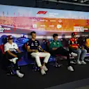 ZANDVOORT, NETHERLANDS - SEPTEMBER 01: (L-R) Yuki Tsunoda of Japan and Scuderia AlphaTauri, Alexander Albon of Thailand and Williams, Lance Stroll of Canada and Aston Martin F1 Team, Carlos Sainz of Spain and Ferrari and Lando Norris of Great Britain and McLaren attend the Drivers Press Conference during previews ahead of the F1 Grand Prix of The Netherlands at Circuit Zandvoort on September 01, 2022 in Zandvoort, Netherlands. (Photo by Lars Baron/Getty Images)