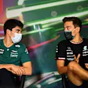 JEDDAH, SAUDI ARABIA - MARCH 25: Lance Stroll of Canada and Aston Martin F1 Team and George Russell of Great Britain and Mercedes talk in the Drivers Press Conference before practice ahead of the F1 Grand Prix of Saudi Arabia at the Jeddah Corniche Circuit on March 25, 2022 in Jeddah, Saudi Arabia. (Photo by Clive Mason/Getty Images)