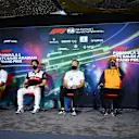 JEDDAH, SAUDI ARABIA - MARCH 25: (L-R) Lewis Hamilton of Great Britain and Mercedes, Zhou Guanyu of China and Alfa Romeo F1, Kevin Magnussen of Denmark and Haas F1, Daniel Ricciardo of Australia and McLaren and Nicholas Latifi of Canada and Williams attend the Drivers Press Conference before practice ahead of the F1 Grand Prix of Saudi Arabia at the Jeddah Corniche Circuit on March 25, 2022 in Jeddah, Saudi Arabia. (Photo by Clive Mason/Getty Images)