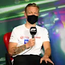 JEDDAH, SAUDI ARABIA - MARCH 25: Kevin Magnussen of Denmark and Haas F1 talks in the Drivers Press Conference before practice ahead of the F1 Grand Prix of Saudi Arabia at the Jeddah Corniche Circuit on March 25, 2022 in Jeddah, Saudi Arabia. (Photo by Clive Mason/Getty Images)