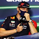 JEDDAH, SAUDI ARABIA - MARCH 25: Max Verstappen of the Netherlands and Oracle Red Bull Racing talks in the Drivers Press Conference before practice ahead of the F1 Grand Prix of Saudi Arabia at the Jeddah Corniche Circuit on March 25, 2022 in Jeddah, Saudi Arabia. (Photo by Dan Istitene - Formula 1/Formula 1 via Getty Images)