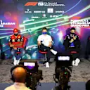 JEDDAH, SAUDI ARABIA - MARCH 25: (L-R) Max Verstappen of the Netherlands and Oracle Red Bull Racing, Carlos Sainz of Spain and Ferrari, Mick Schumacher of Germany and Haas F1, Esteban Ocon of France and Alpine F1 and Pierre Gasly of France and Scuderia AlphaTauri attend the Drivers Press Conference before practice ahead of the F1 Grand Prix of Saudi Arabia at the Jeddah Corniche Circuit on March 25, 2022 in Jeddah, Saudi Arabia. (Photo by Dan Istitene - Formula 1/Formula 1 via Getty Images)