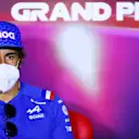 JEDDAH, SAUDI ARABIA - MARCH 25: Fernando Alonso of Spain and Alpine F1 looks on in the Drivers Press Conference before practice ahead of the F1 Grand Prix of Saudi Arabia at the Jeddah Corniche Circuit on March 25, 2022 in Jeddah, Saudi Arabia. (Photo by Dan Istitene - Formula 1/Formula 1 via Getty Images)