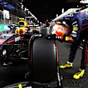 JEDDAH, SAUDI ARABIA - MARCH 26: Pole position qualifier Sergio Perez of Mexico and Oracle Red Bull Racing celebrates in parc ferme during qualifying ahead of the F1 Grand Prix of Saudi Arabia at the Jeddah Corniche Circuit on March 26, 2022 in Jeddah, Saudi Arabia. (Photo by Mark Thompson/Getty Images)