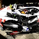 JEDDAH, SAUDI ARABIA - MARCH 26: The wrecked car of Mick Schumacher of Germany and Haas F1 is pictured at the side of the track after a crash during qualifying ahead of the F1 Grand Prix of Saudi Arabia at the Jeddah Corniche Circuit on March 26, 2022 in Jeddah, Saudi Arabia. (Photo by Clive Mason/Getty Images)