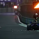 JEDDAH, SAUDI ARABIA - MARCH 27: Nicholas Latifi of Canada driving the (6) Williams FW44 Mercedes climbs from his car after crashing during the F1 Grand Prix of Saudi Arabia at the Jeddah Corniche Circuit on March 27, 2022 in Jeddah, Saudi Arabia. (Photo by Joe Portlock - Formula 1/Formula 1 via Getty Images)